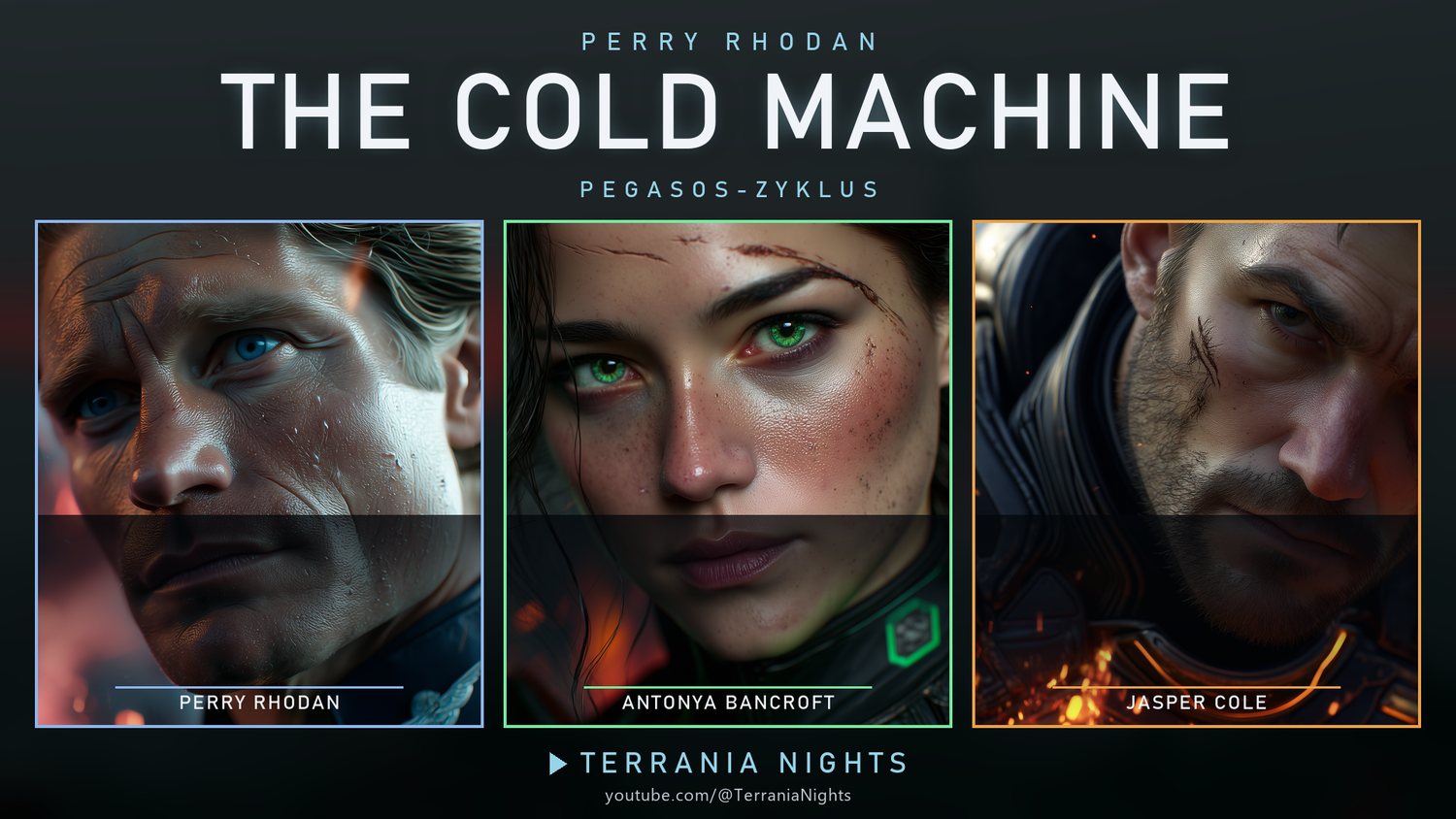 Trio-Promo-Motiv mit Perry Rhodan, Antonya Bancroft und Jasper Cole im Breitbildformat.