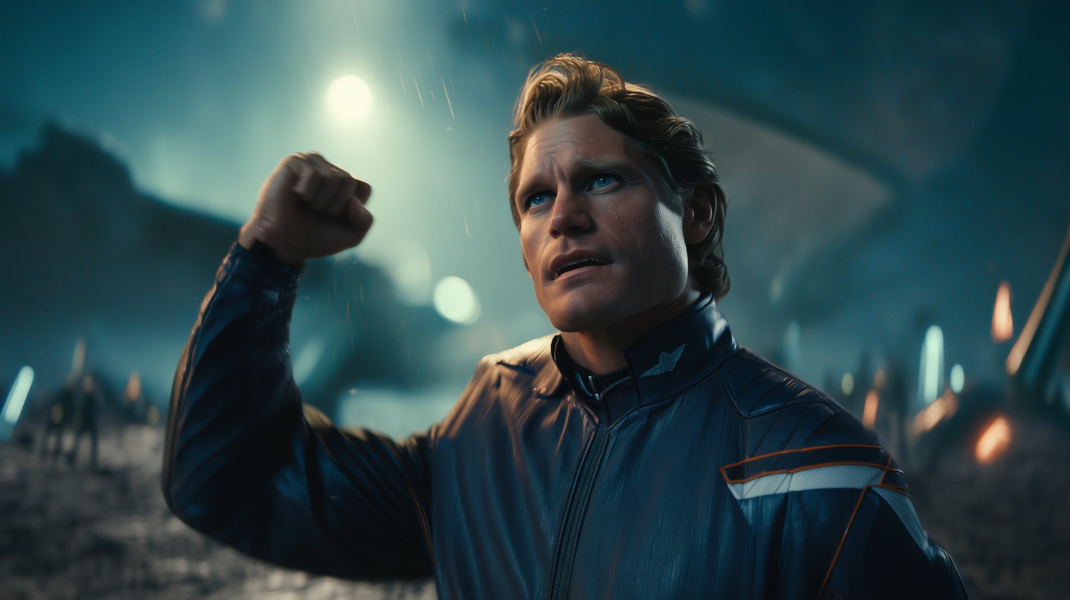 Perry Rhodan im weiß-blauen Terran-Raumanzug, mit erhobener Faust vor dramatisch blau beleuchteter Technik-Landschaft.