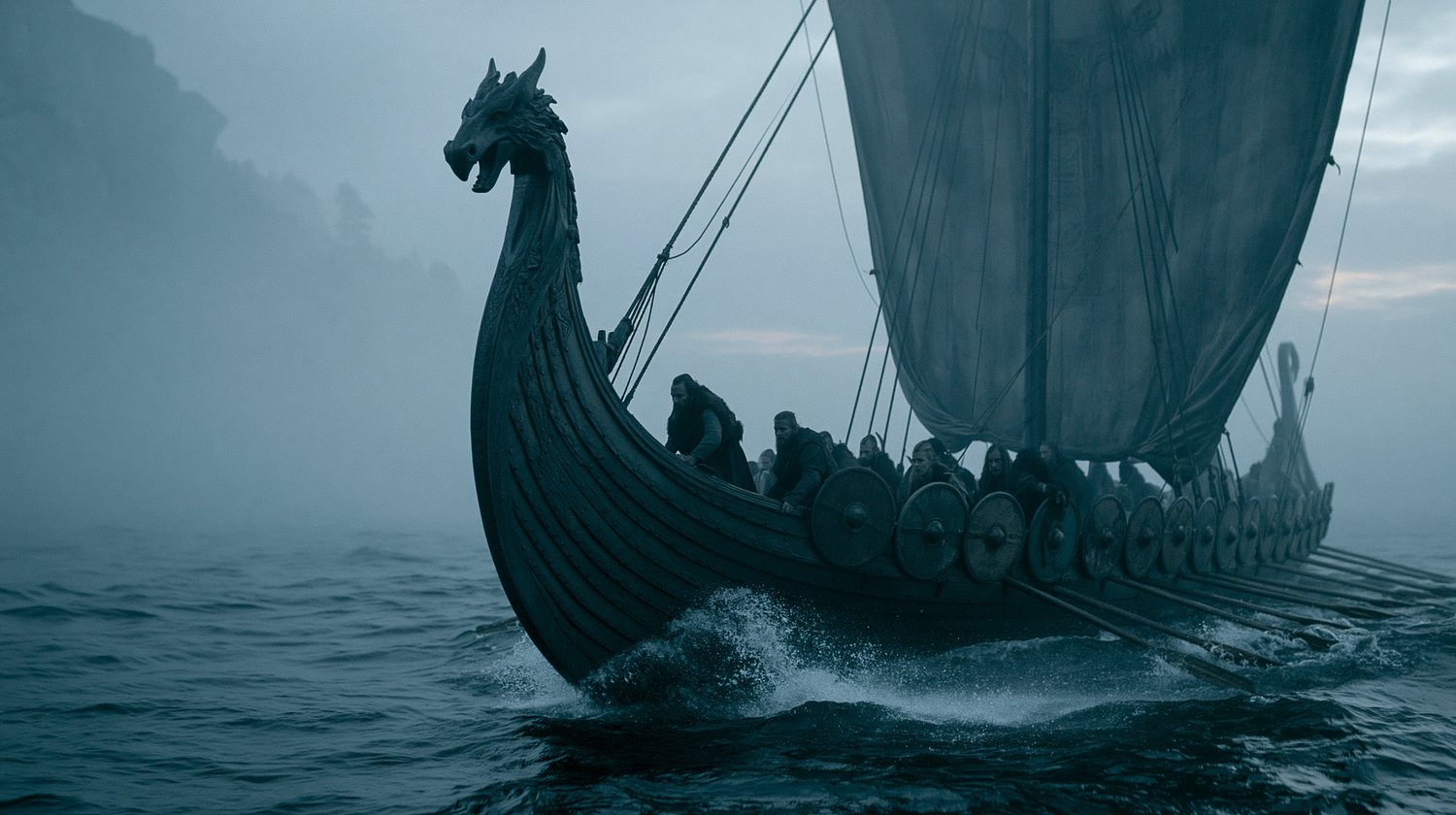 Ein Wikinger-Drachenboot gleitet durch den grauen Morgennebel auf ruhiger See.