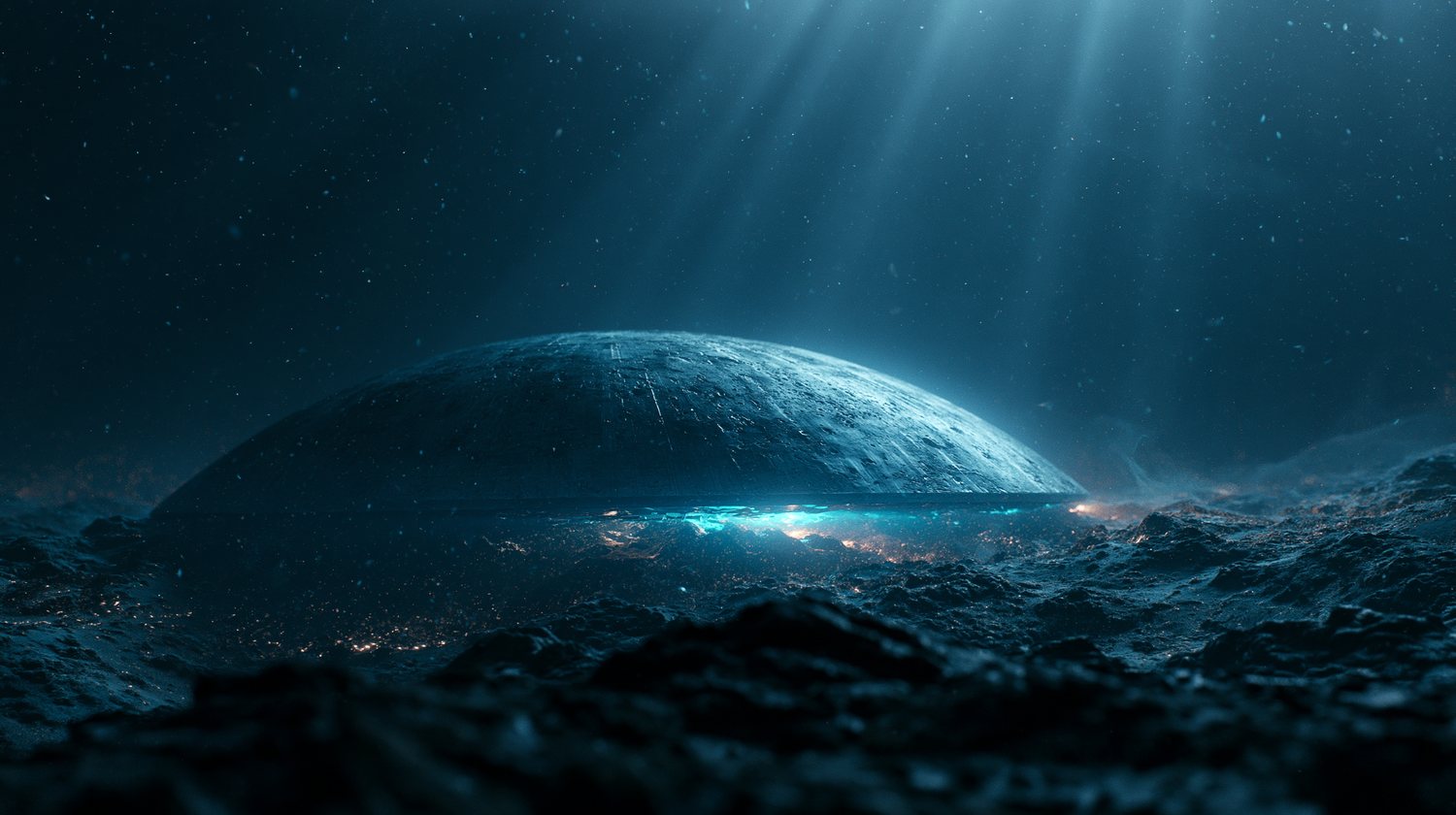 Eine bläulich schimmernde Tiefseekuppel aus Arkon-Stahl am dunklen Meeresgrund – Atlans Refugium als „Einsamer der Zeit“.