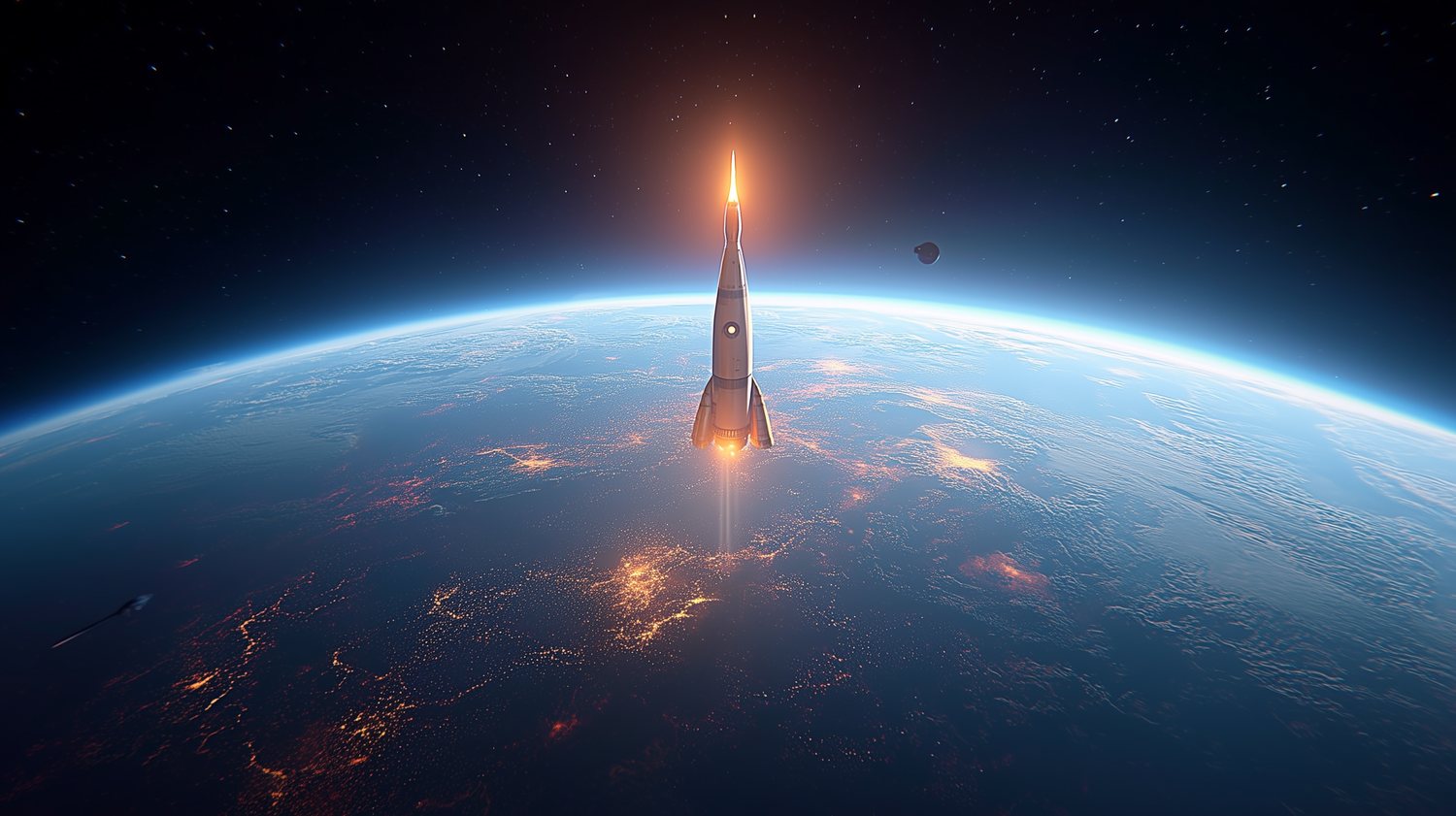 Schlanke terranische STARDUST-Rakete vor der leuchtend blauen Erde aus dem Orbit – Aufbruch und Hoffnung.