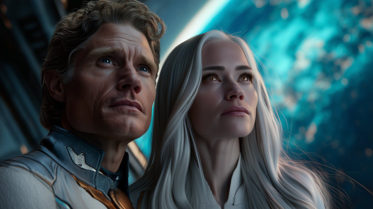Heroischer Twoshot von Perry Rhodan und der Arkonidin Thora vor der blauen Erde.