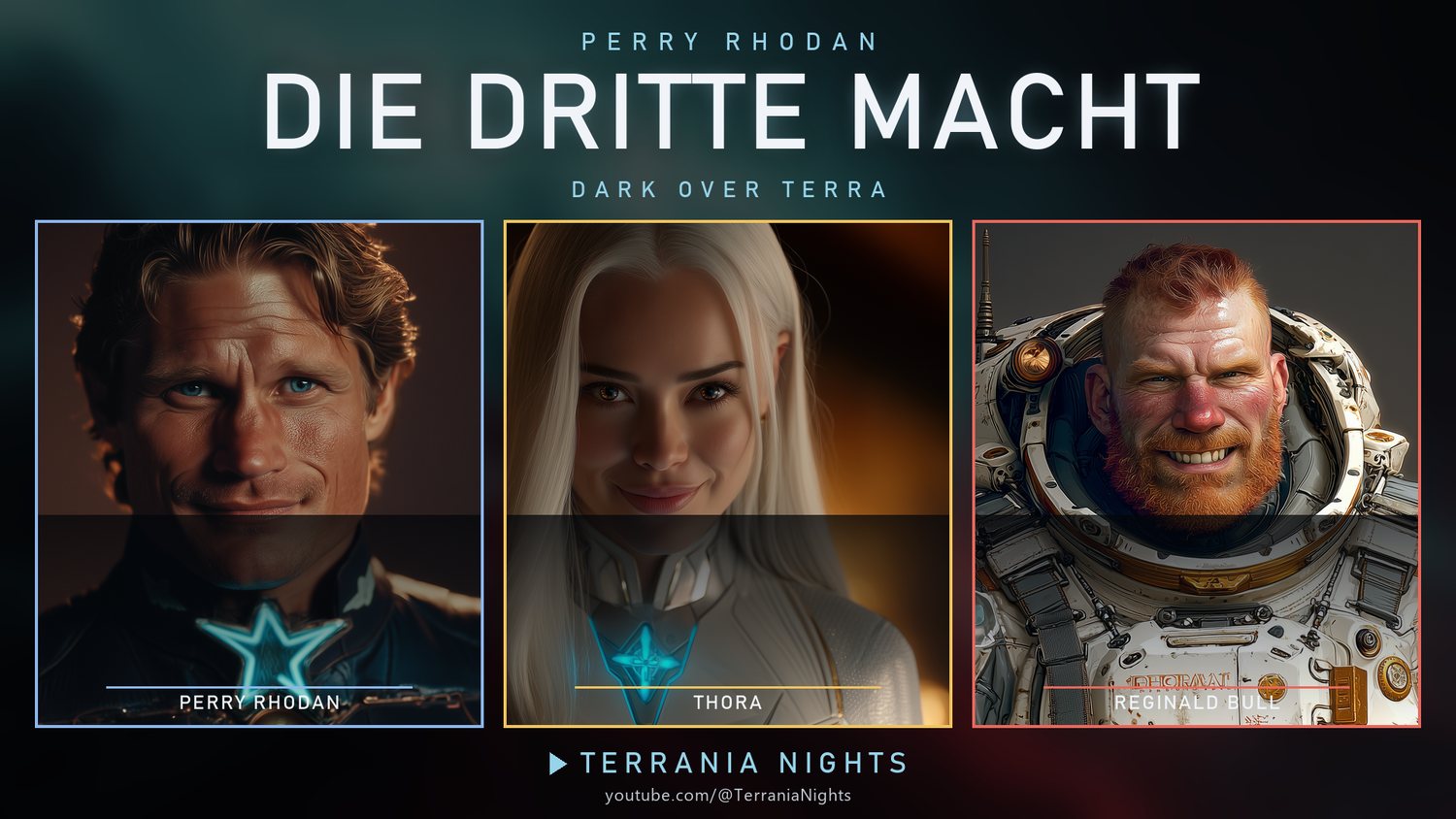 Trio-Cast aus „Die Dritte Macht“: Perry Rhodan, Thora und Bully – das Gründungsbild des Perryversums in Terrania Nights.