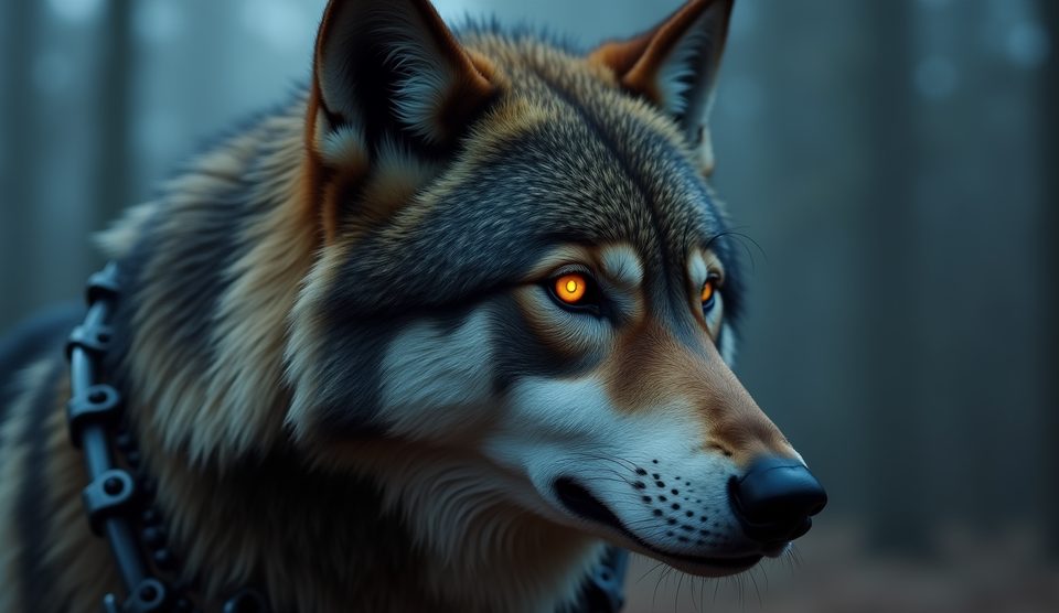 Nahaufnahme Robotwolf — Stahl unter echtem Fell.