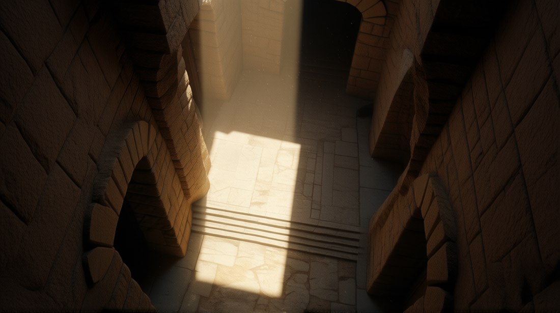 S004 &mdash; Treppe hinab ins Gew&ouml;lbe, Staub im Lichtschacht