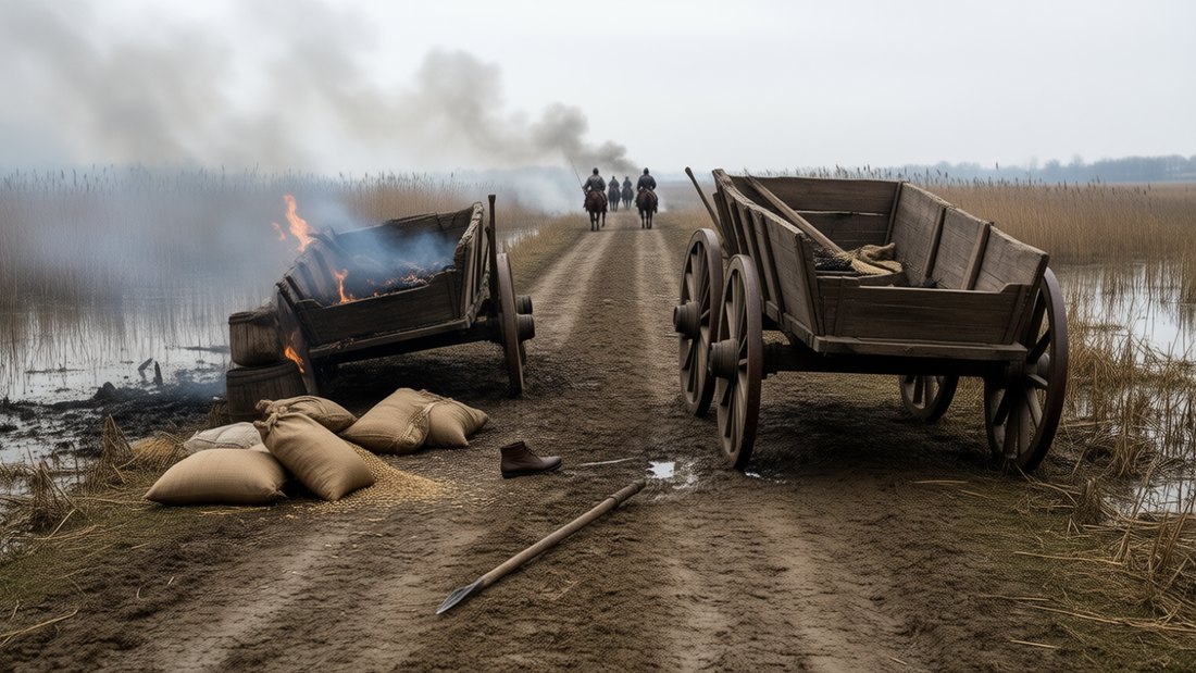 K034 &mdash; Strophe 3 &ndash; Lagune, Doge, Karawane: &bdquo;A caravan burns among the dead wagons&ldquo;