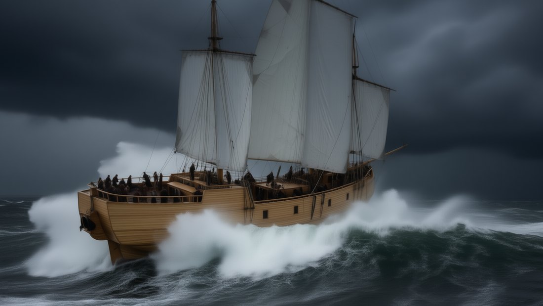 K015 &mdash; Strophe 1 &ndash; Sturm, Bucht, heimlich an Bord: &bdquo;A storm in the first week tears at the mast&ldquo;