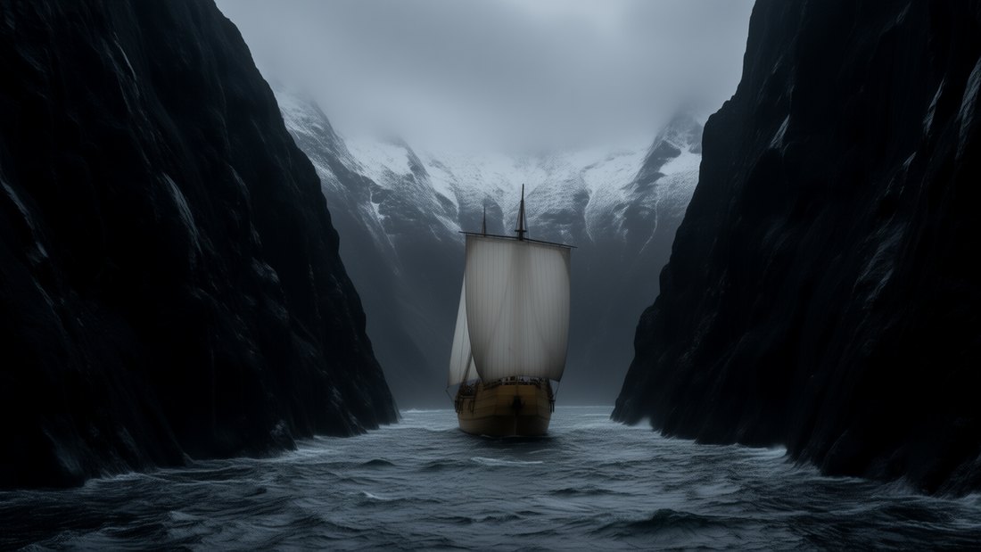 K019 &mdash; Strophe 1 &ndash; Sturm, Bucht, heimlich an Bord: &bdquo;I sail ahead into the narrow water&ldquo;