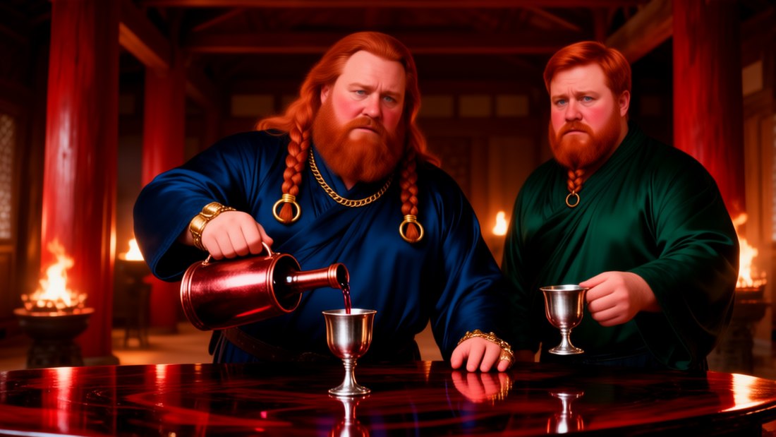 K043 &mdash; Strophe 3 &ndash; Karte, N&auml;chte beim Khan, Wein: &bdquo;Two red-haired traitors pour my wine&ldquo;